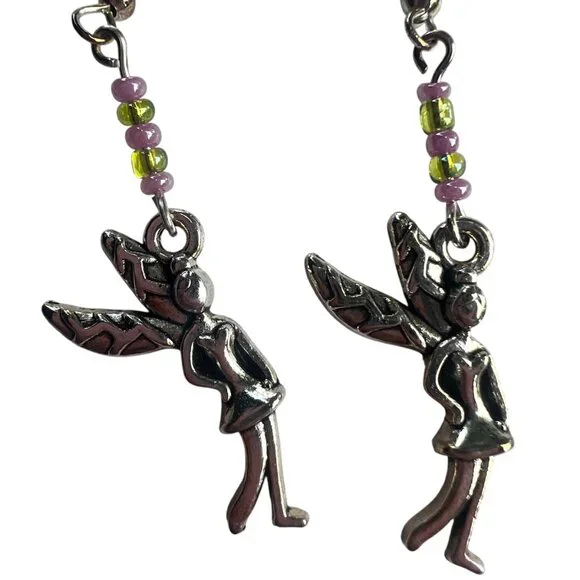 Silver Fairies w/Pink & Green Beads Dangling Earrings - Picture 2 of 3